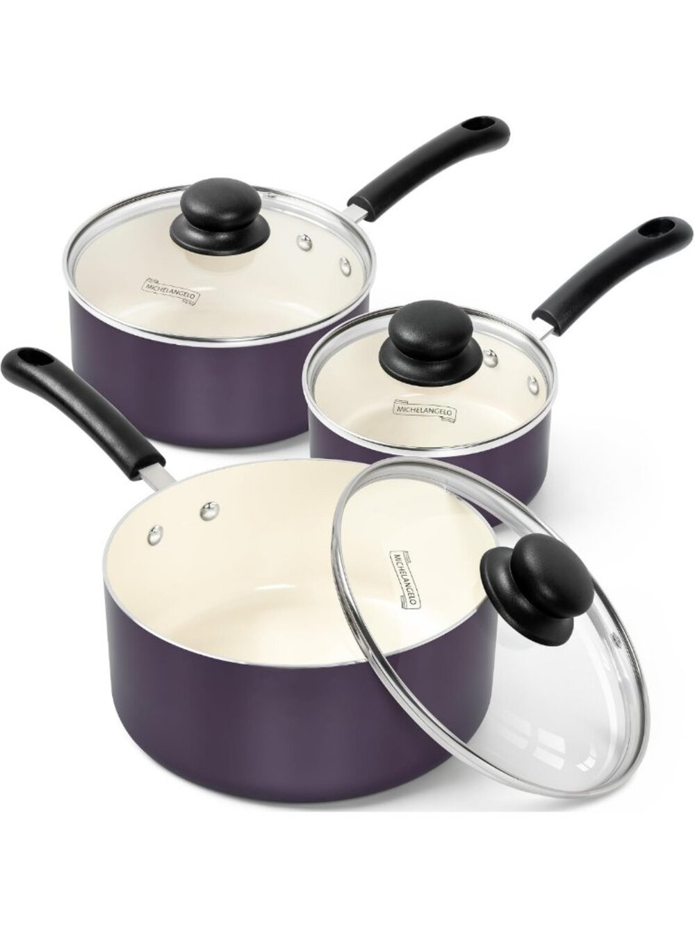 Nonstick Ceramic Saucepan Set with Lid, Induction Cooking Pots, 1Qt-3Qt, Purple